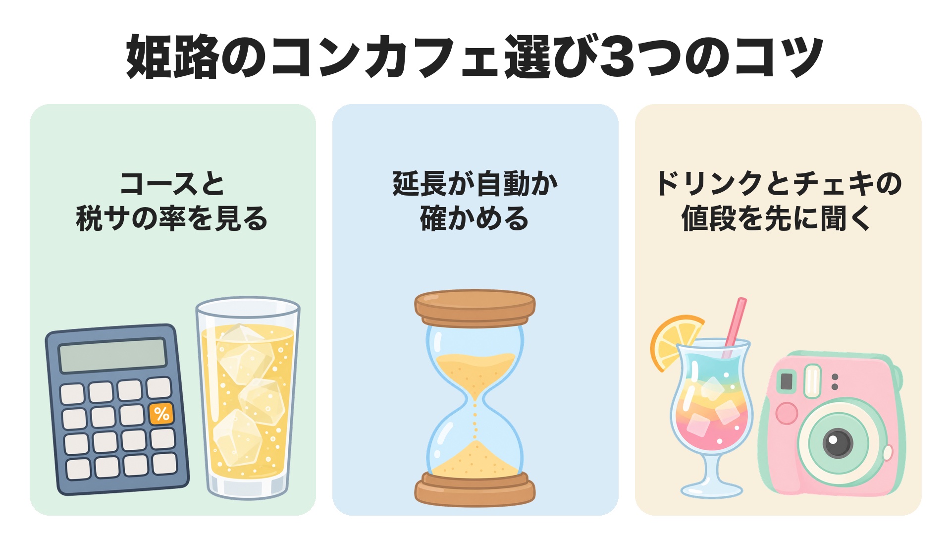 姫路のコンカフェ選び3つのコツ。コースと税サの率を見る、延長が自動か確かめる、ドリンクとチェキの値段を先に聞く