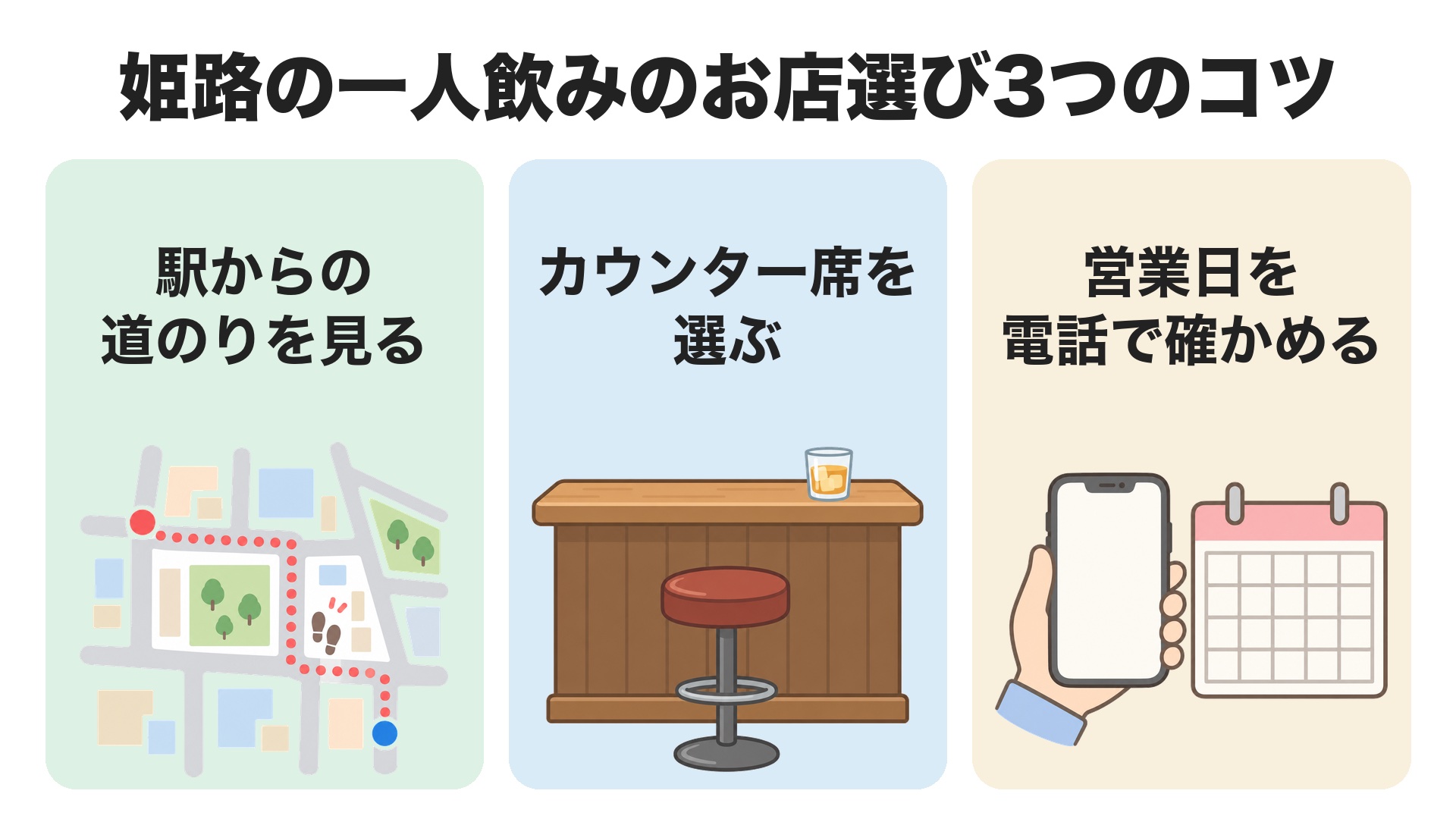 姫路の一人飲みのお店選び3つのコツ。駅からの道のりを見る、カウンター席を選ぶ、営業日を電話で確かめる