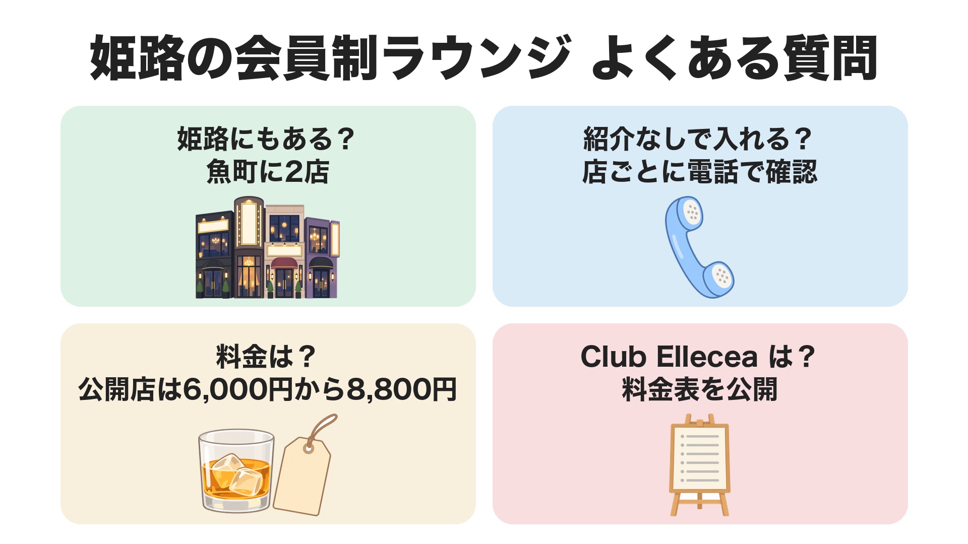 姫路の会員制ラウンジのよくある質問。姫路にもあるか、紹介なしで入れるか、料金はいくらか、Club Elleceaは会員制か