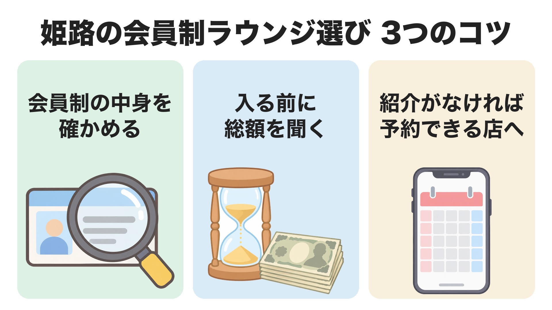 姫路の会員制ラウンジ選び3つのコツ。会員制の中身を確かめる、料金は入る前に総額を聞く、紹介がなければ予約できる店を使う