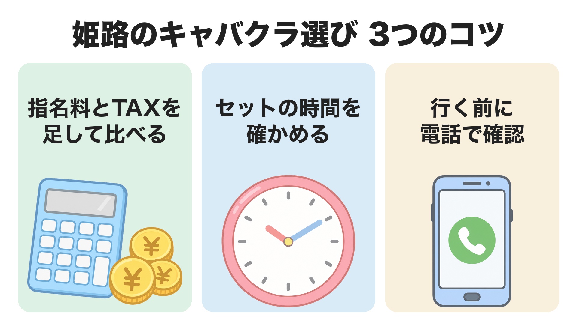 姫路のキャバクラ選び3つのコツ。指名料とTAXを足して比べる、セットの時間を確かめる、行く前に電話で確認