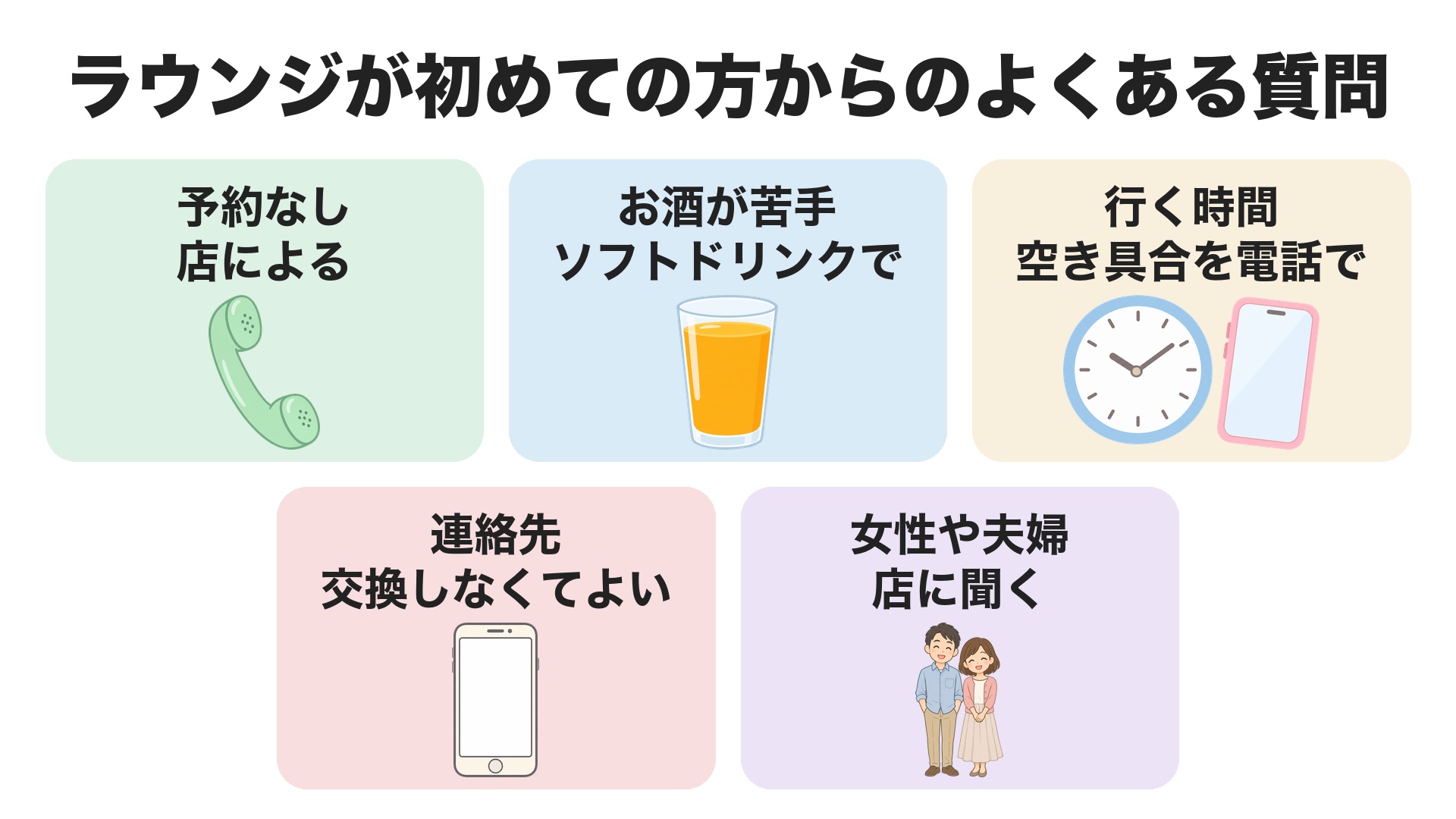 姫路のラウンジが初めての方からのよくある質問。予約なしは店による、お酒が飲めなくてもソフトドリンク、行く時間は電話で空き具合を聞く、連絡先の交換はしなくてよい、女性や夫婦は店に聞く