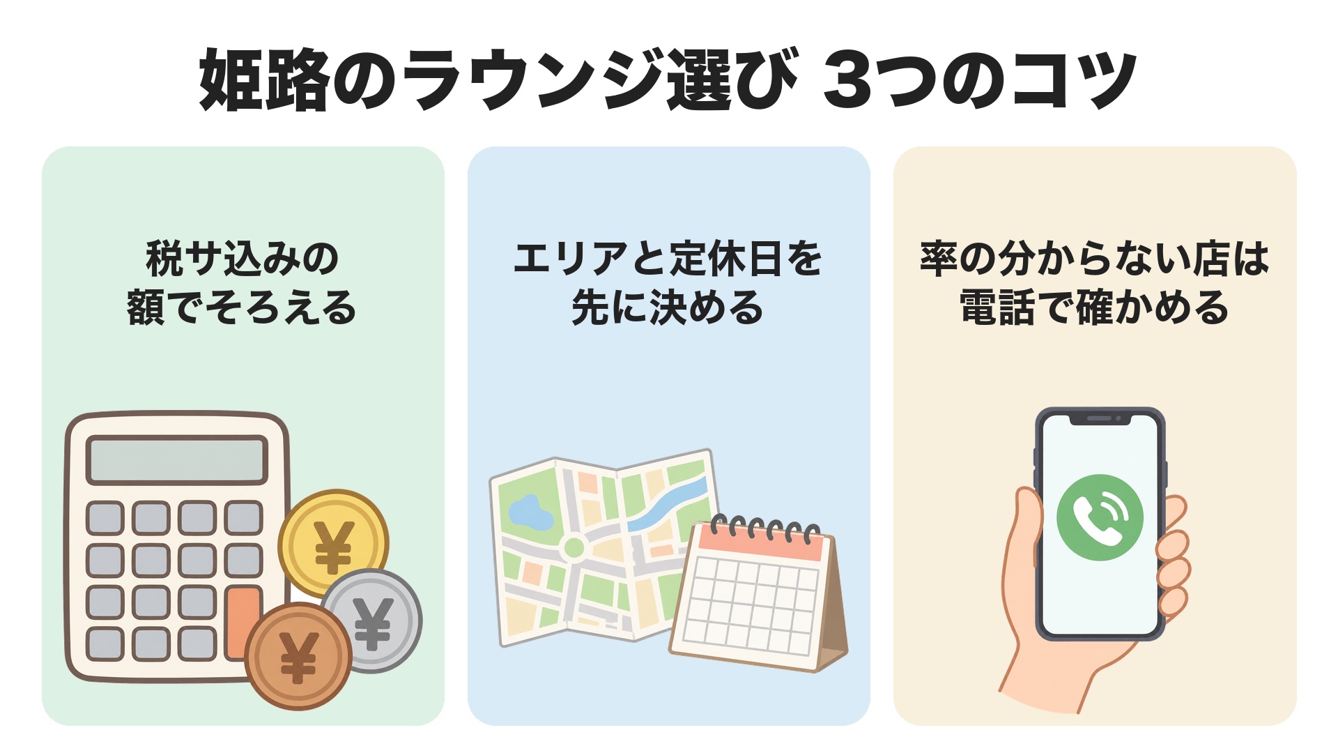 姫路のラウンジ選び3つのコツ。税サ込みの額でそろえる、エリアと定休日を先に決める、率の分からない店は電話で確かめる