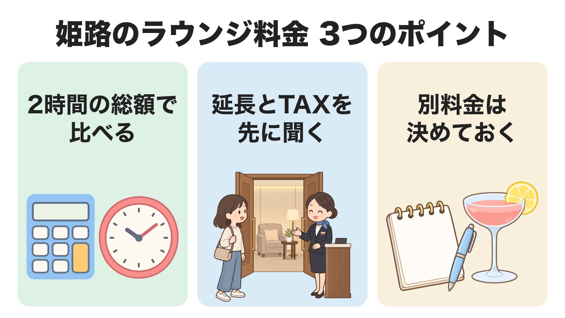 姫路のラウンジ料金3つのポイント。2時間の総額で比べる、延長とTAXを先に聞く、別料金は決めておく