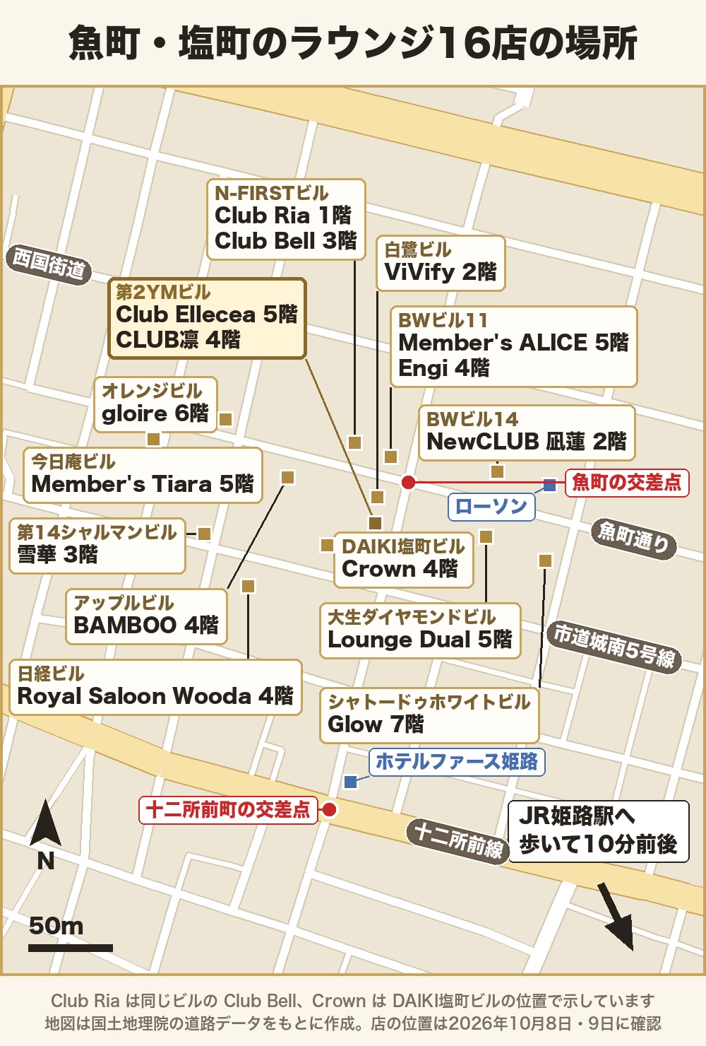 魚町・塩町のラウンジ16店の場所の地図。魚町は第2YMビルにClub ElleceaとCLUB凛、N-FIRSTビルにClub RiaとClub Bell、白鷺ビルにViVify、BWビル11にMember's ALICEとEngi、BWビル14にNewCLUB 凪蓮、オレンジビルにgloire、今日庵ビルにMember's Tiara、アップルビルにBAMBOO、大生ダイヤモンドビルにLounge Dual、シャトードゥホワイトビルにGlow。塩町は第14シャルマンビルに雪華、DAIKI塩町ビルにCrown、日経ビルにRoyal Saloon Wooda