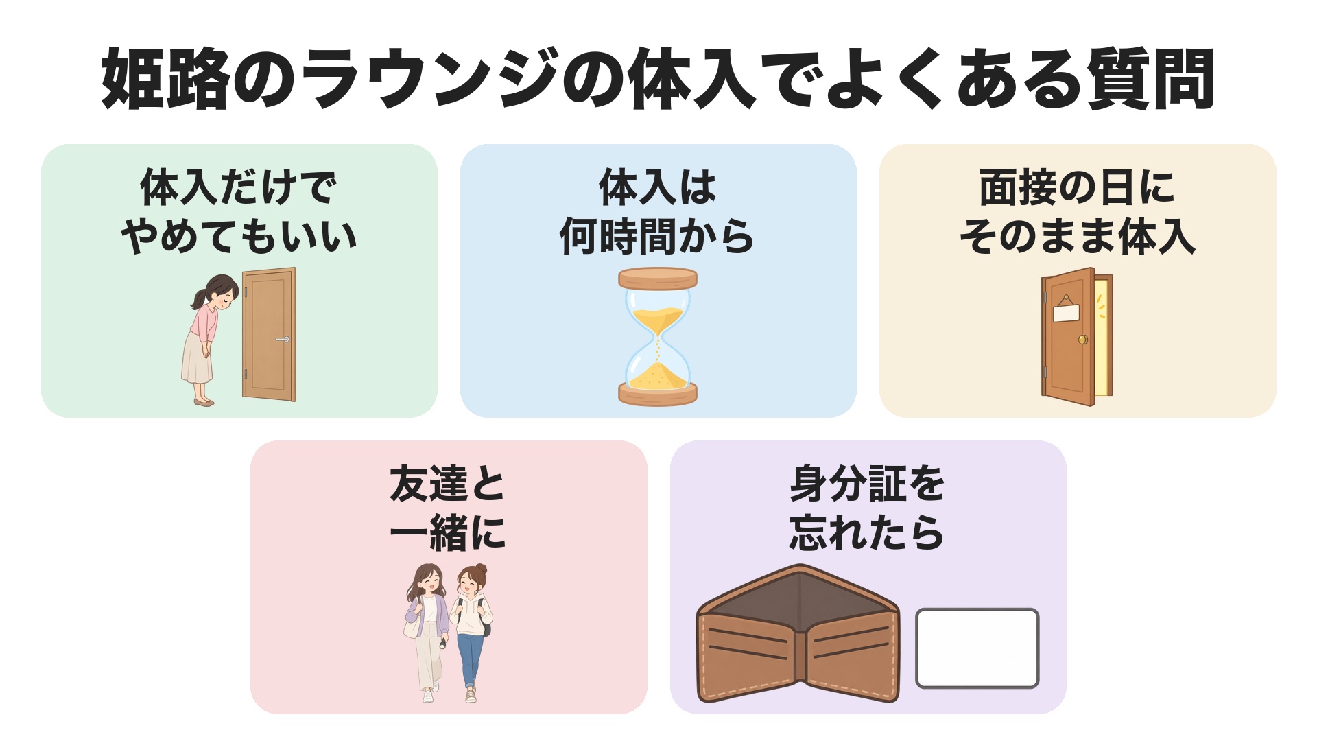姫路のラウンジの体入でよくある質問。体入だけでやめてもいい、体入は何時間から、面接の日にそのまま体入、友達と一緒に、身分証を忘れたら