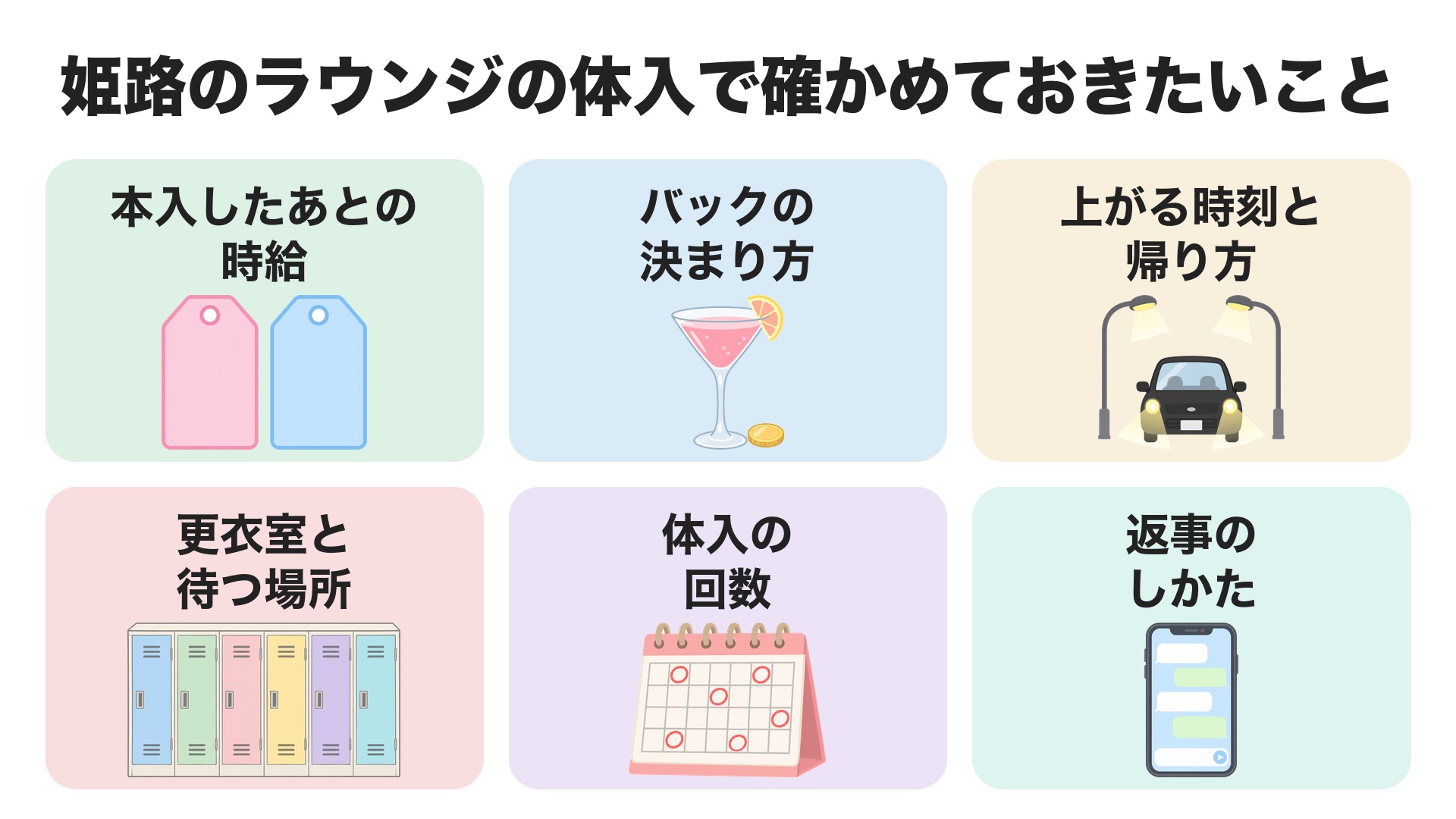 姫路のラウンジの体入で確かめておきたいこと。本入したあとの時給、バックの決まり方、上がる時刻と帰り方、更衣室と待つ場所、体入の回数、返事のしかた