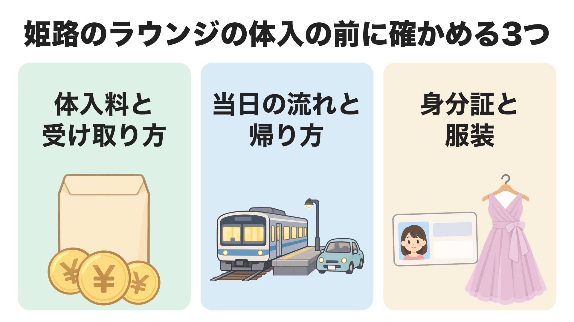 姫路のラウンジの体入の前に確かめる3つ。体入料と受け取り方、当日の流れと帰り方、身分証と服装