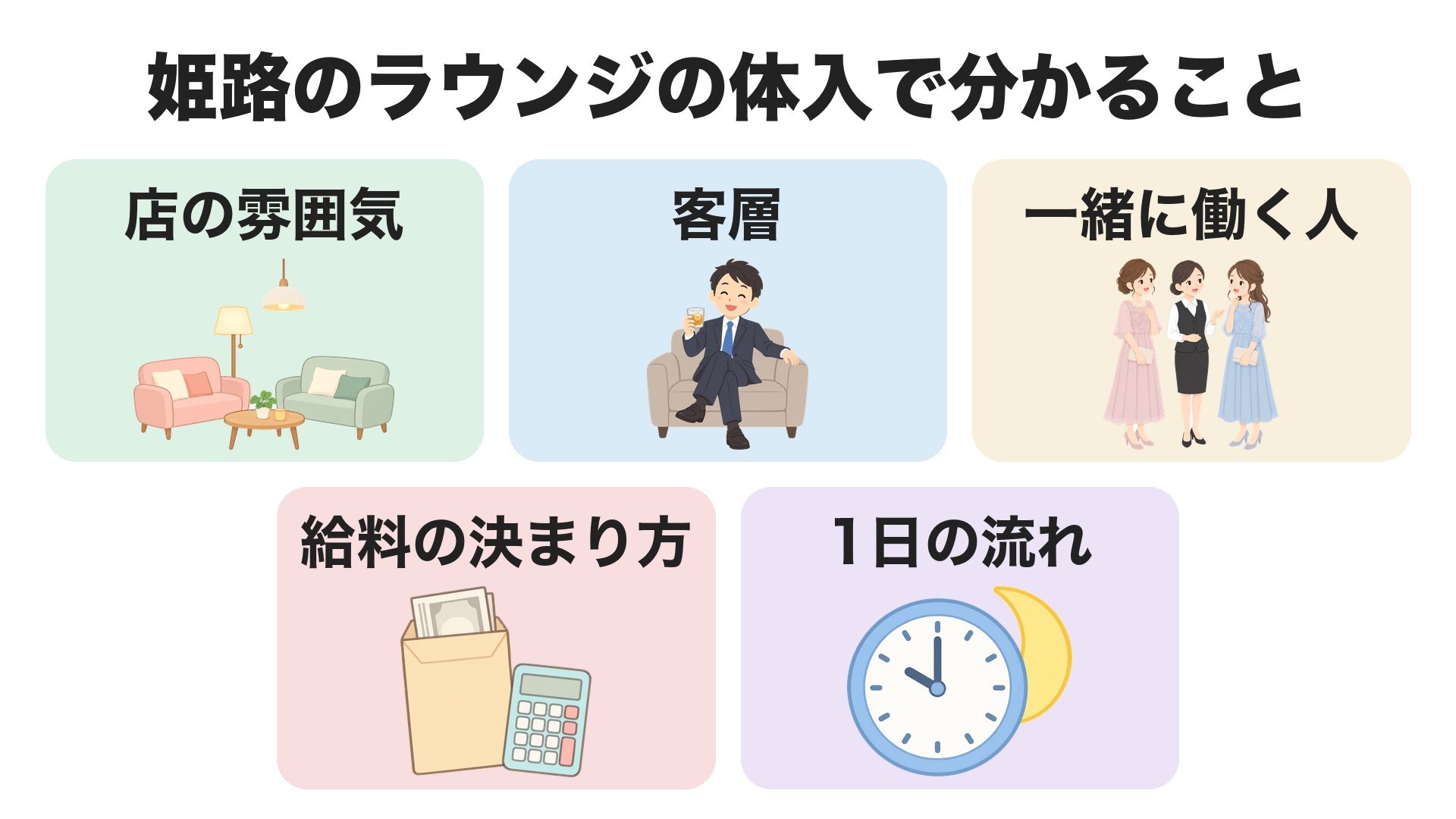 姫路のラウンジの体入で分かること。店の雰囲気、客層、一緒に働く人、給料の決まり方、1日の流れ