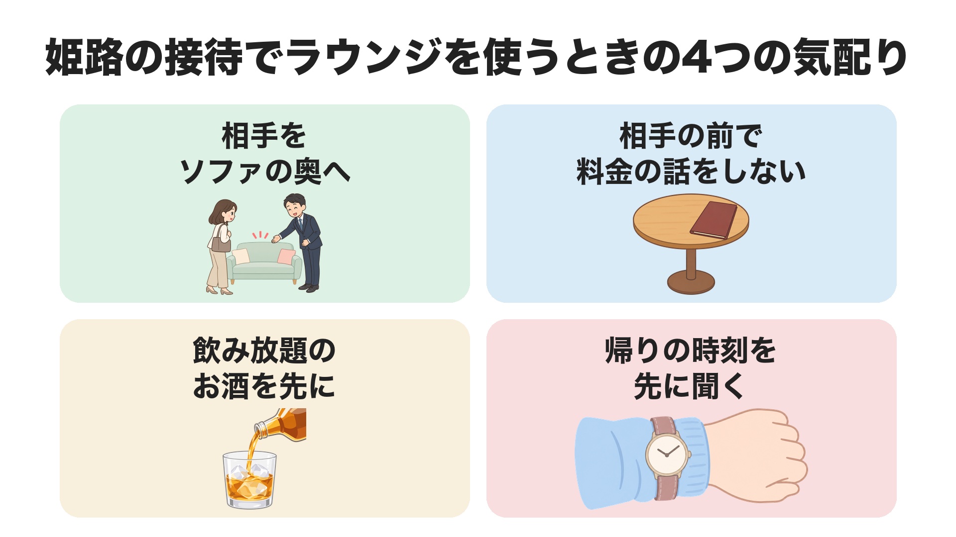 姫路の接待でラウンジを使うときの4つの気配り。相手をソファの奥へ案内する、相手の前で料金の話をしない、飲み放題のお酒を先にすすめる、帰りの時刻を先に聞いておく