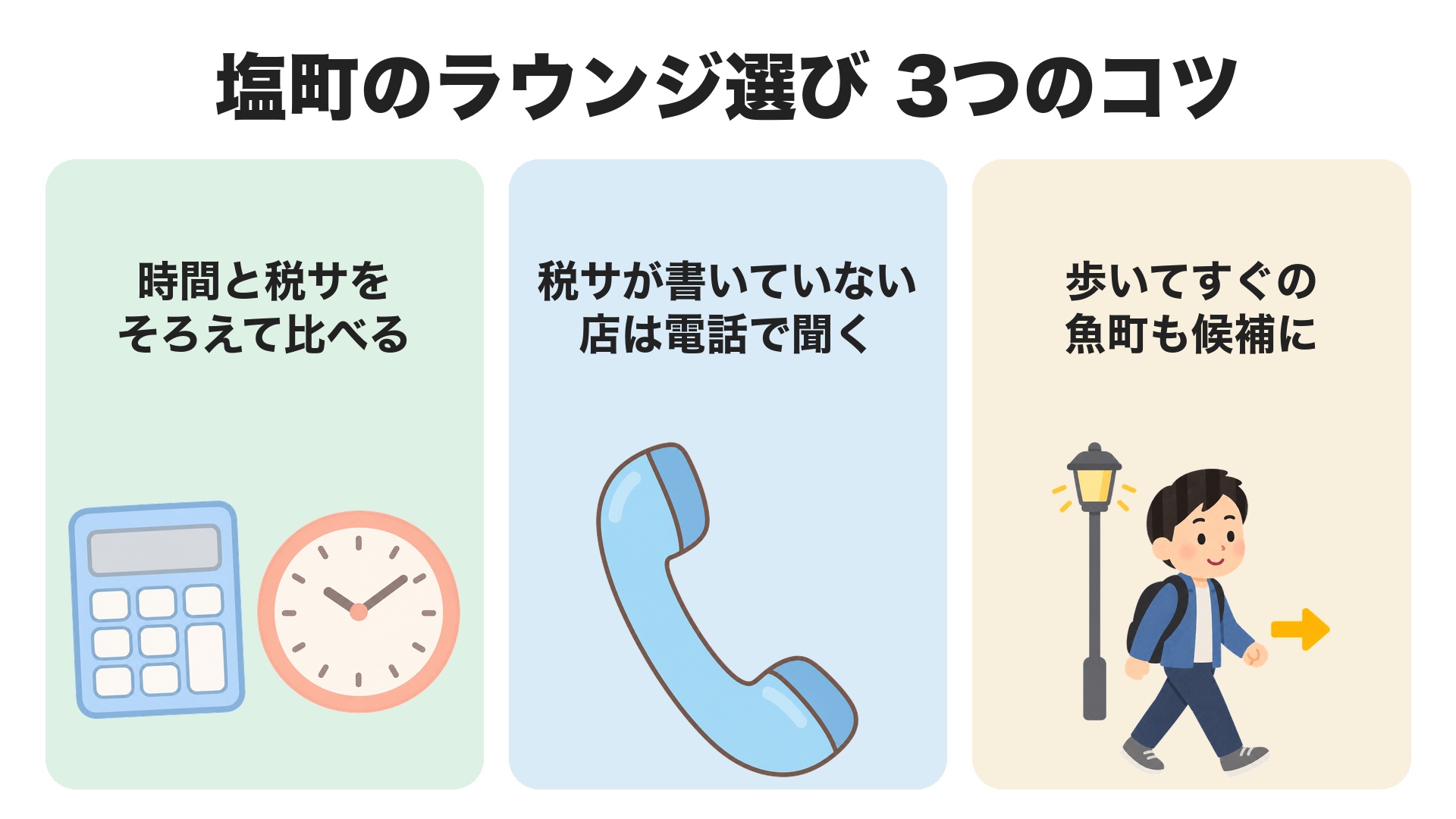 塩町のラウンジ選び3つのコツ。時間と税サをそろえて比べる、税サが書いていない店は電話で聞く、歩いてすぐの魚町も候補に入れる