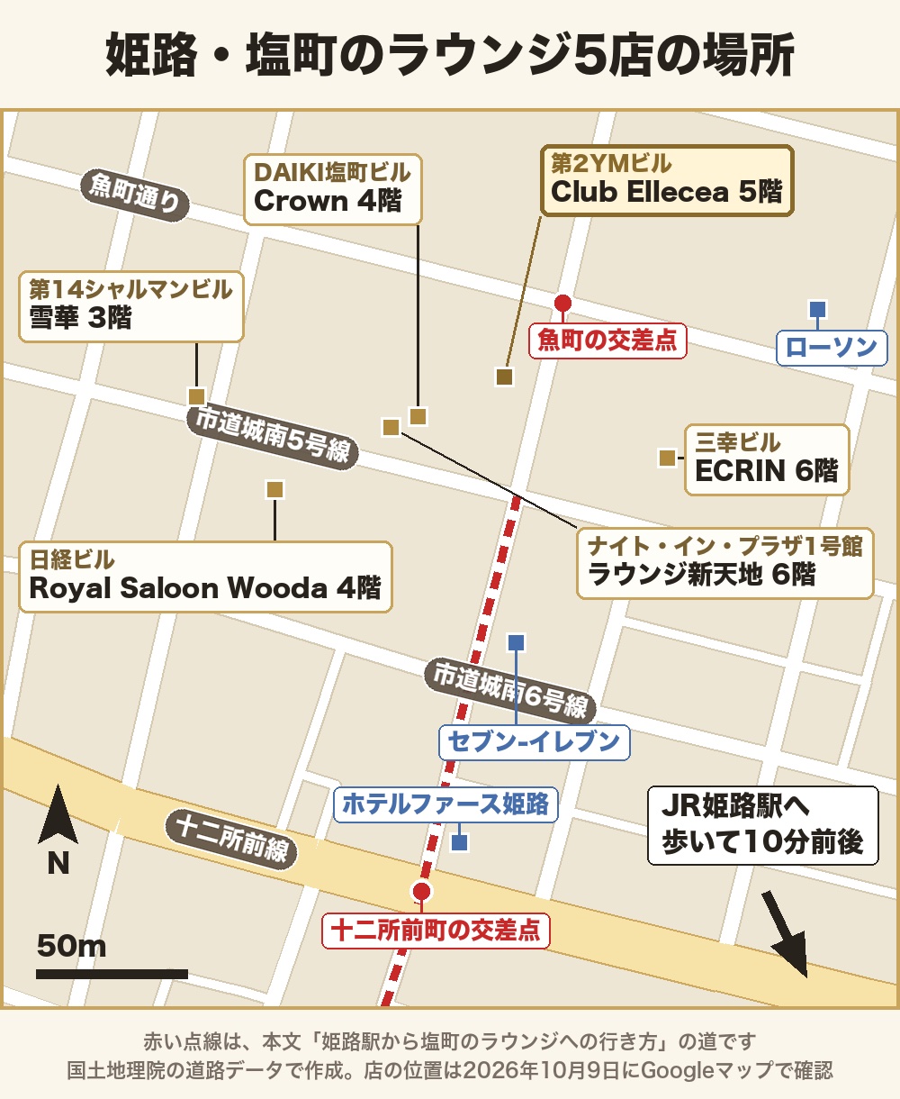 姫路・塩町のラウンジ5店の場所の地図。第2YMビル(魚町29)にClub Ellecea 5階、DAIKI塩町ビルにCrown 4階、ナイト・イン・プラザ1号館にラウンジ新天地 6階、三幸ビルにECRIN 6階、日経ビルにRoyal Saloon Wooda 4階、第14シャルマンビルに雪華 3階。赤い点線は十二所前町の交差点から北へ進む道