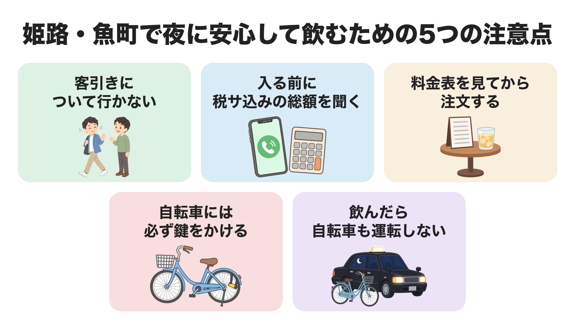 姫路・魚町で夜に安心して飲むための5つの注意点。客引きについて行かない、入る前に税サ込みの総額を聞く、料金表を見てから注文する、自転車には必ず鍵をかける、飲んだら自転車も運転しない