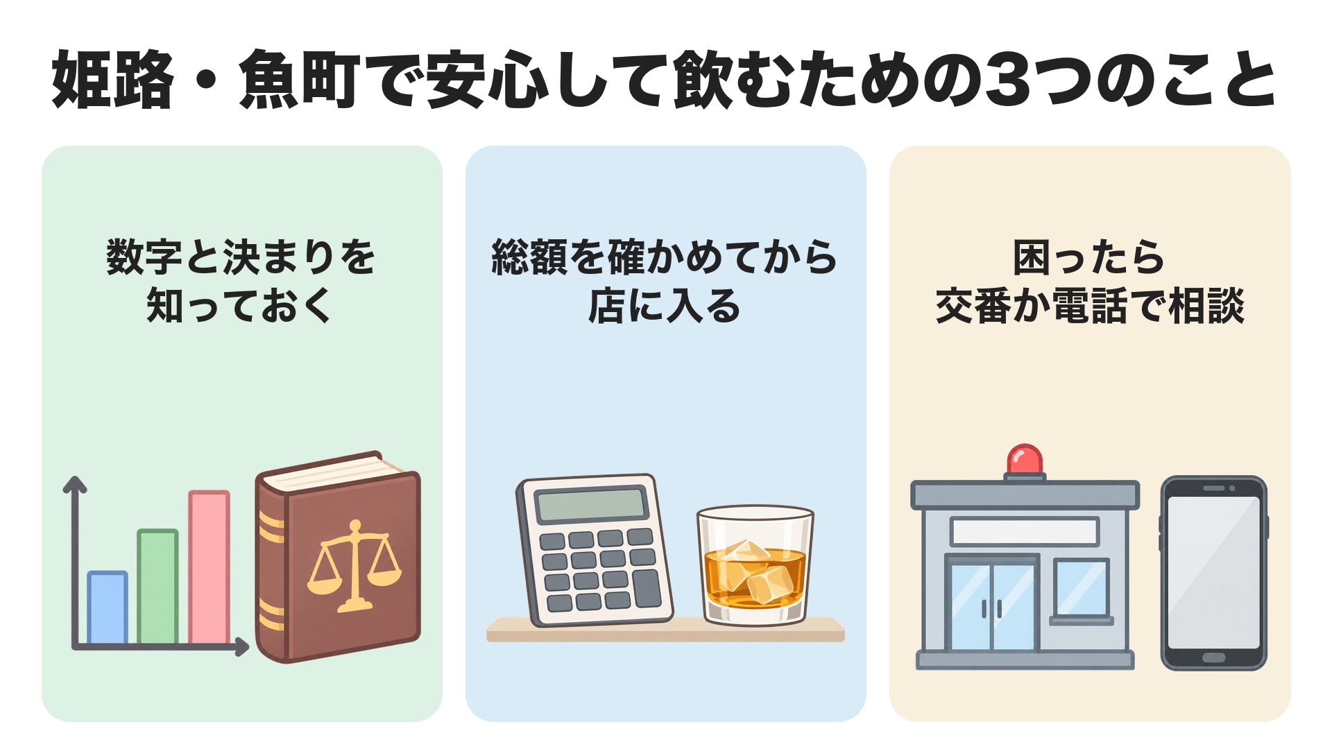 姫路・魚町で安心して飲むための3つのこと。数字と決まりを知っておく、総額を確かめてから店に入る、困ったら交番か電話で相談