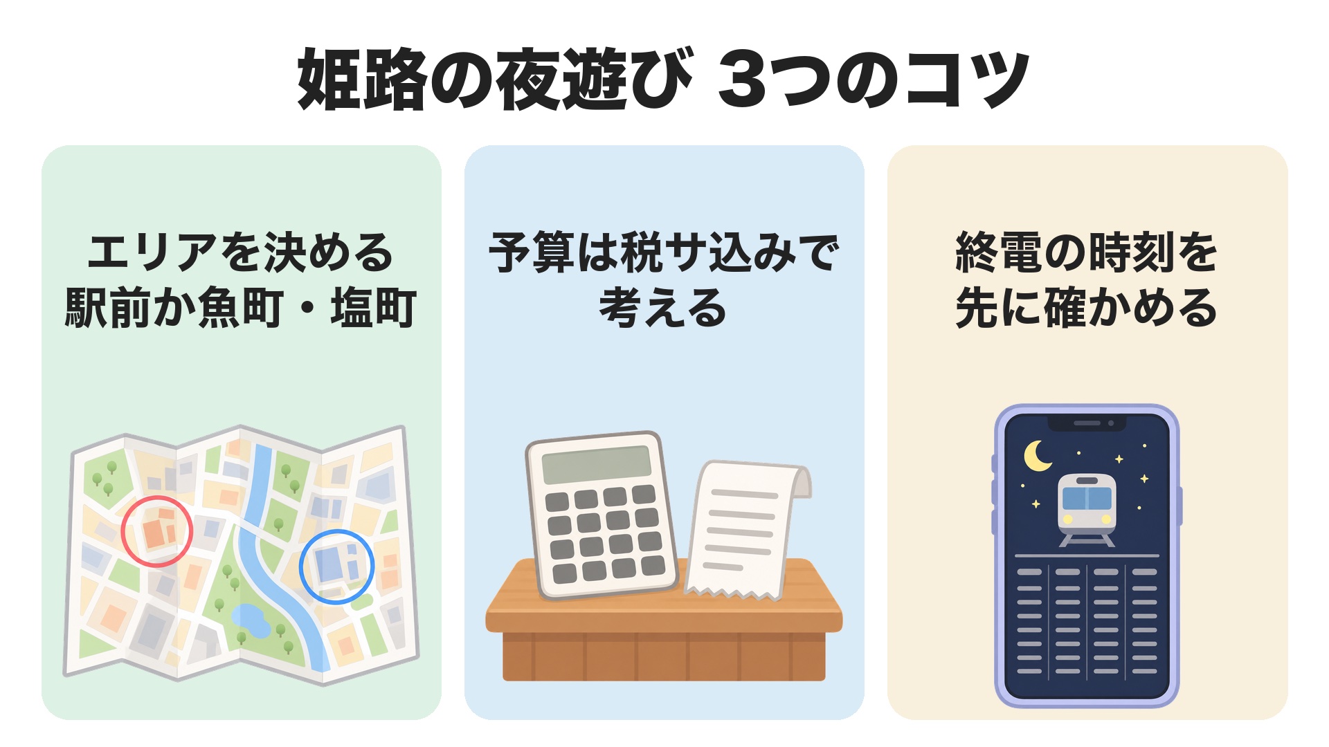 姫路の夜遊び3つのコツ。エリアを駅前か魚町・塩町に決める、予算は税サ込みで考える、終電の時刻を先に確かめる